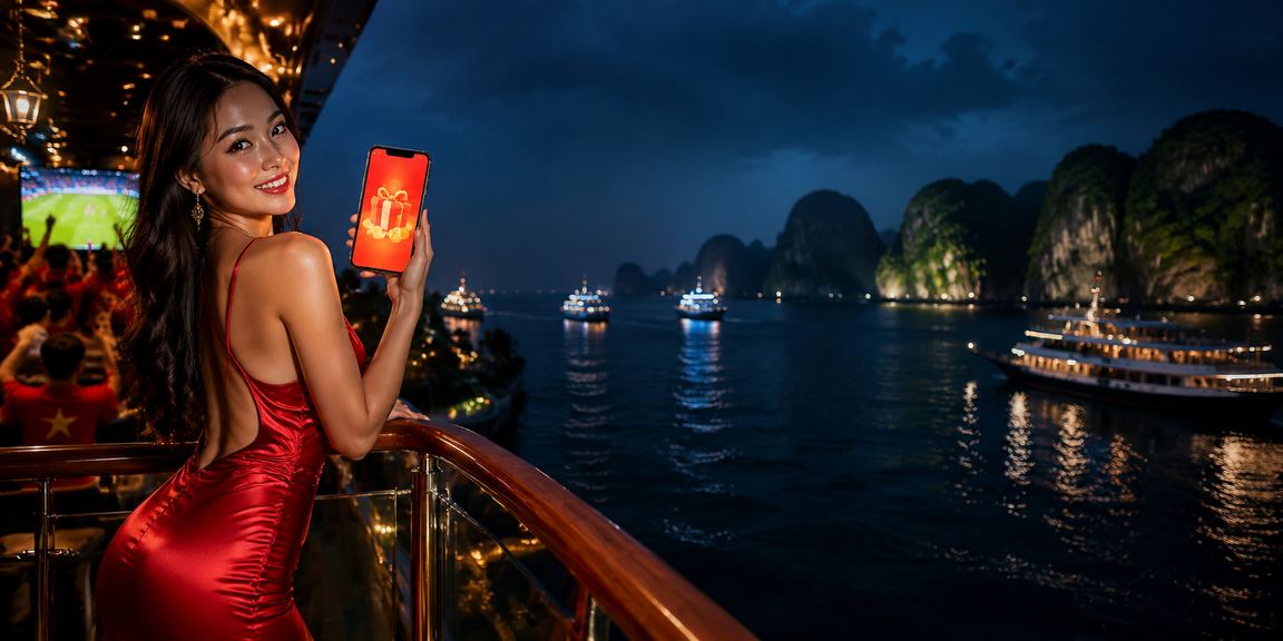 Phong cảnh vịnh Hạ Long với bao lì xì đỏ tượng trưng cho phần thưởng và khuyến mãi trực tuyến